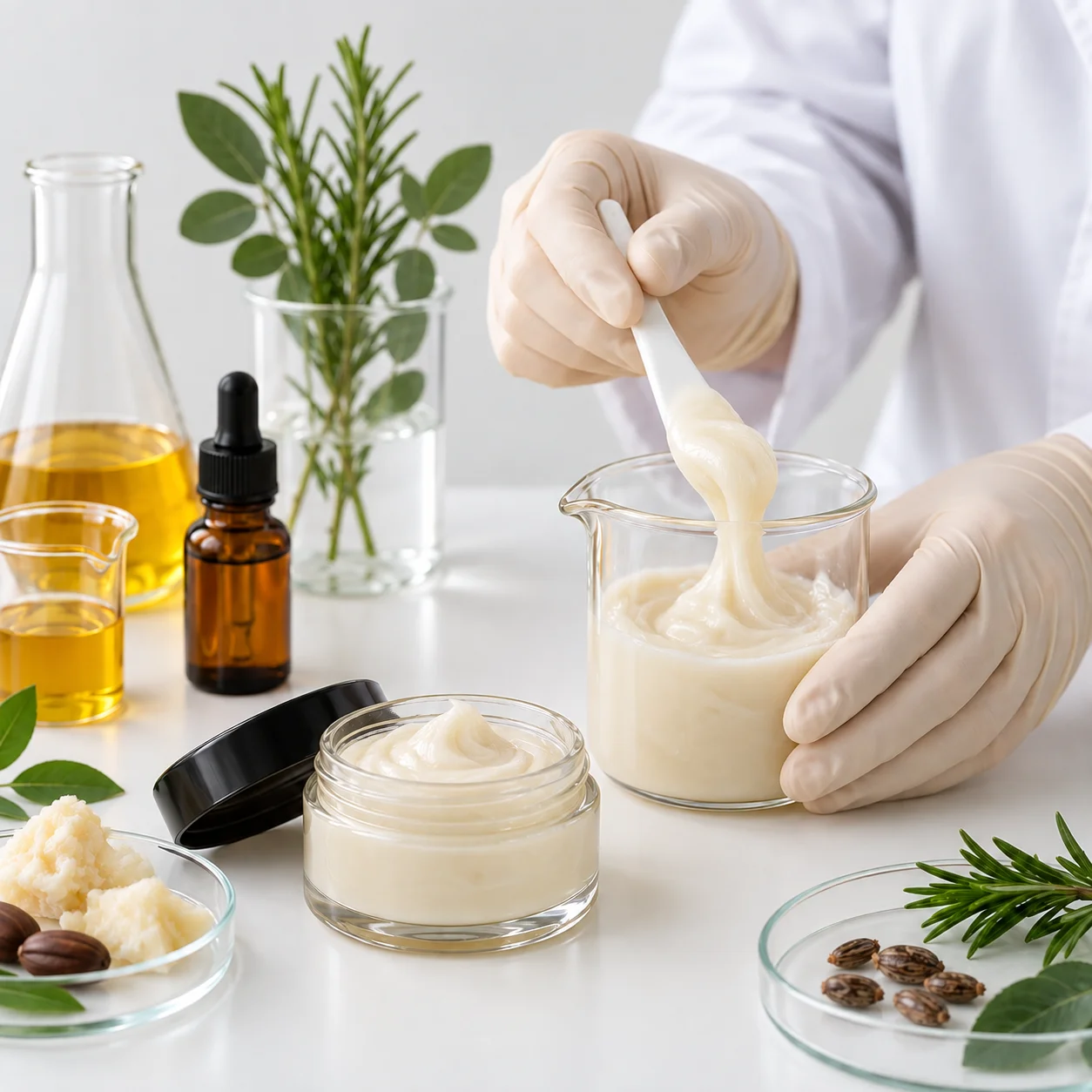 A person wearing gloves preparing cream in a laboratory beaker with natural ingredients like oils and herbs on a white table.
